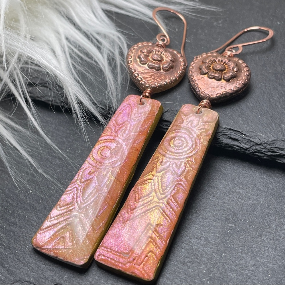 HOST PICK Hand Crafted Copper and Pink Dangle Embossed Resin Heart Earrings - Picture 3 of 16